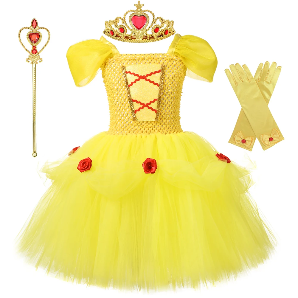 Yellow Princess Bella Dresses for Girls Fluffy Ballet Tutus Costumes with Puff Sleeves Kids Christmas Halloween Fancy Outfits