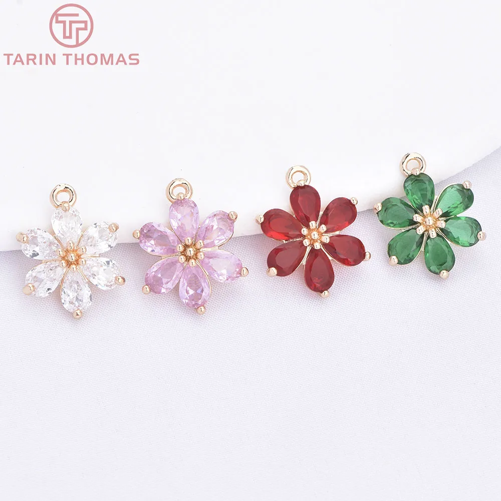 (11051) 6PCS 24K Gold Color Plated Brass Inlaid Colorful Zircon Flower Pendants DIY Handmade Jewelry Making Accessories