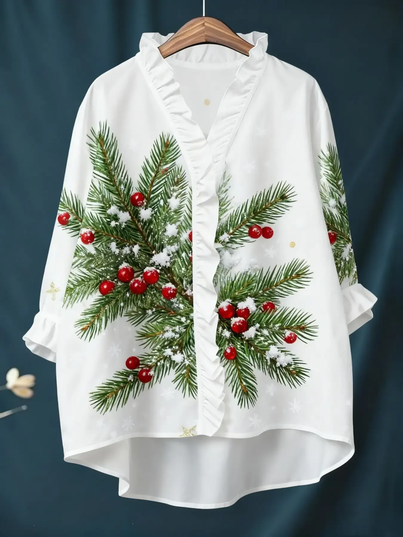 2026 new women's Christmas digital printed long sleeved shirt with ruffled collar, Loose casual semi formal top
