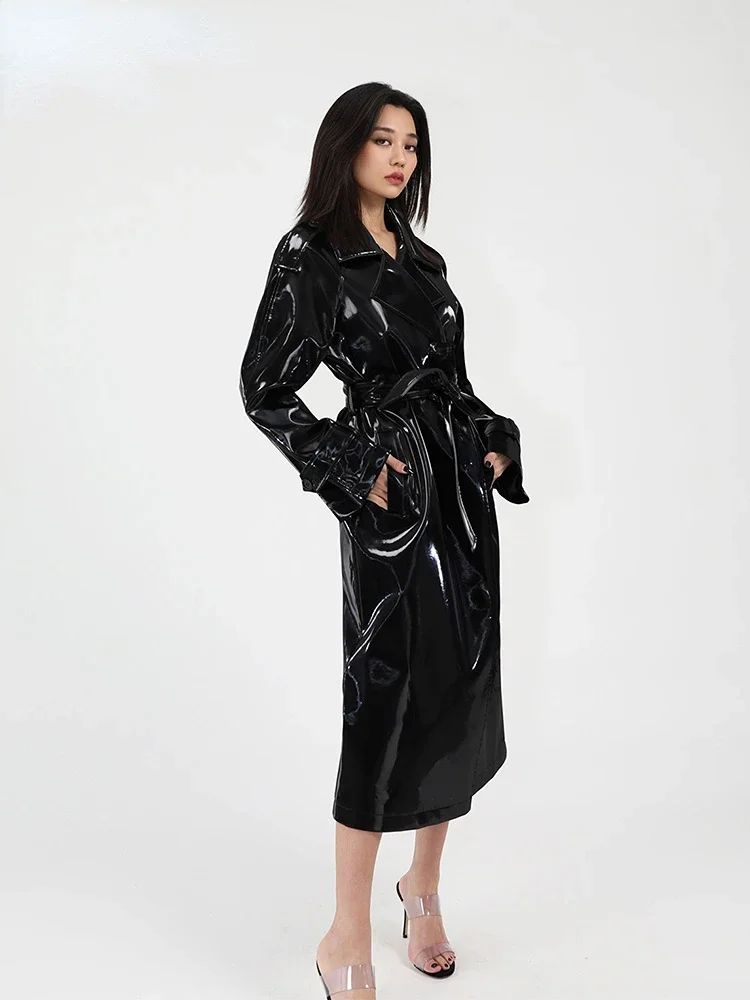 Shiny Patent Leather Turn-Down Collar Trench Coat with Belt for Women, Gothic Faux Latex, PU Long Sleeve Overcoat, Winter Custom