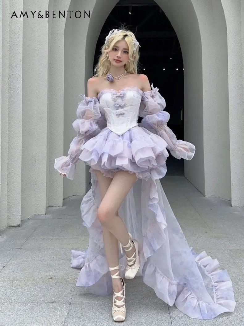 퍼플 보우노트 스트랩리스 탑 하이웨이스트 레이어드 롱 스커트 세트 생일 파티 성인식 데일리 데이트 스커트