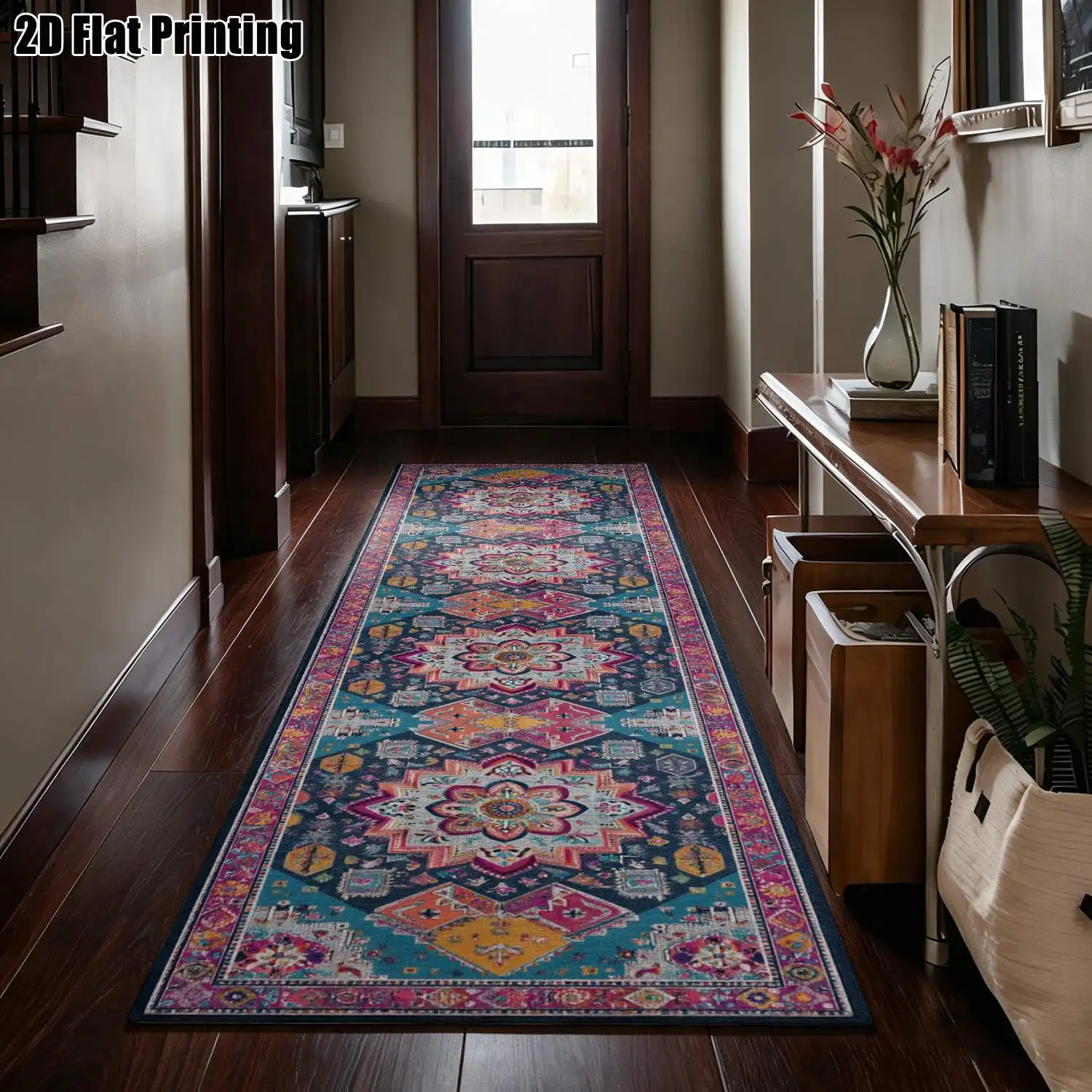 1Pc 2D Printed Long Strip Runner Rug: Blue-Pink Geometric Floral, Bohemian/Retro European Style, Machine Washable, Multi-Size, Ideal for Entryway, Hallway, Living Room, Bedroom Home Decor