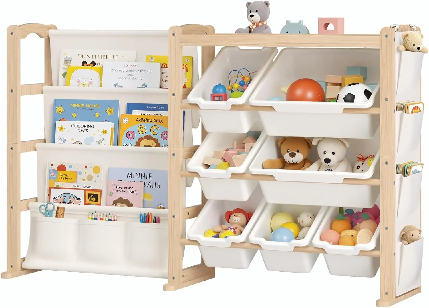 

Kids Bookshelf with 7 Bins and Side Pockets - Solid Wood Toy Storage Organizer for Nursery