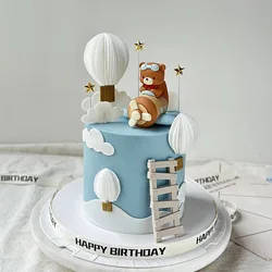 Flight Theme Cake Decoration Cartoon Pilot Bear Balloons Stars for Kids Boy Happy 1st Birthday Cake Topper Baby Shower Party