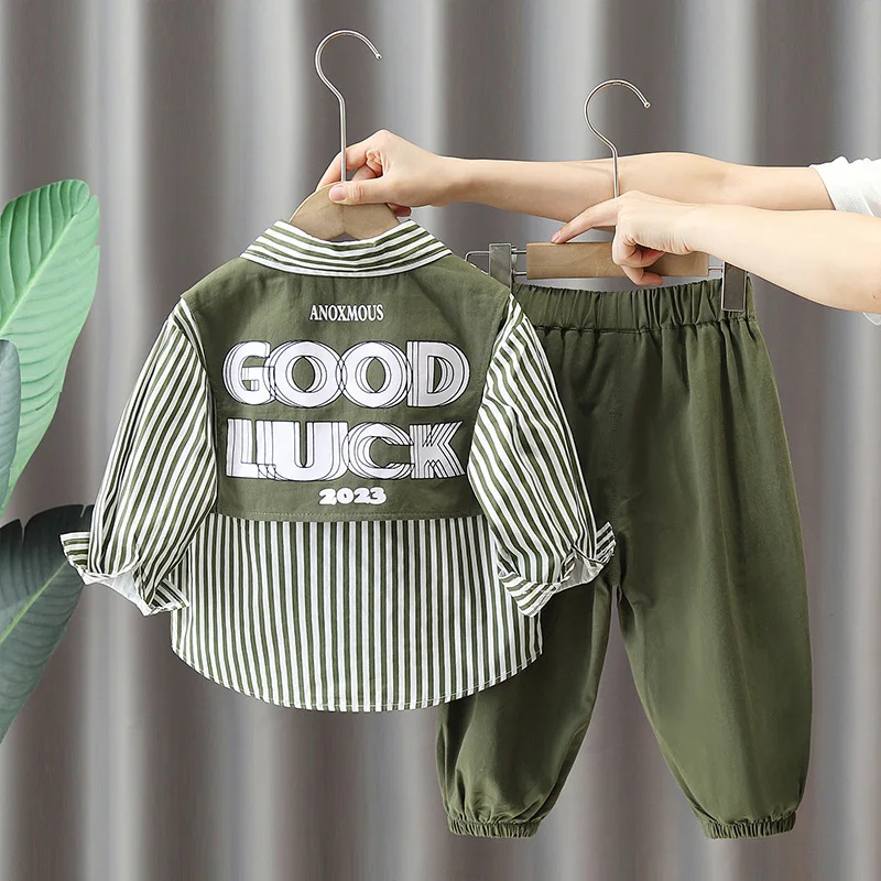 

5862 Boys' 2025 New Handsome Children's Spring And Striped Shirt Autumn Baby Two Piece Set