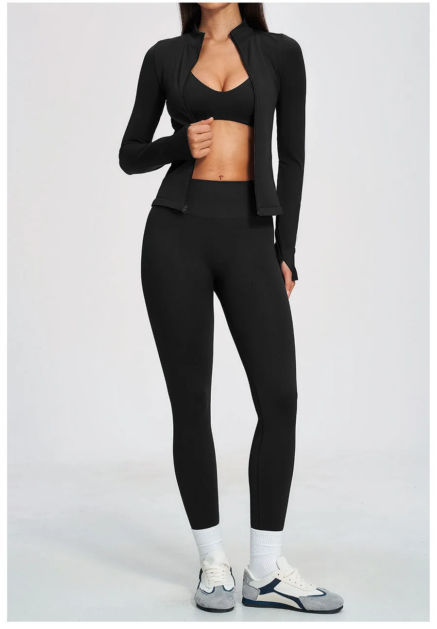 Nahtloses Yoga-Set 3-teilig, Sportbekleidung für Damen, Langarm-Trainingsanzug, Fitness-Set, Sport-BH, Leggings, Sportanzug – Detail 24