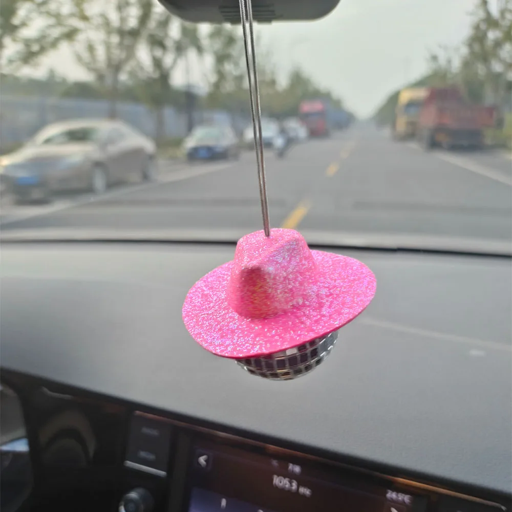 Disco Ball Hanging Rear View Mirror Car Decorations Pink Cowgirl  Hat Ball Party Decor Home Oranments Sparkly 70s Bachelorette