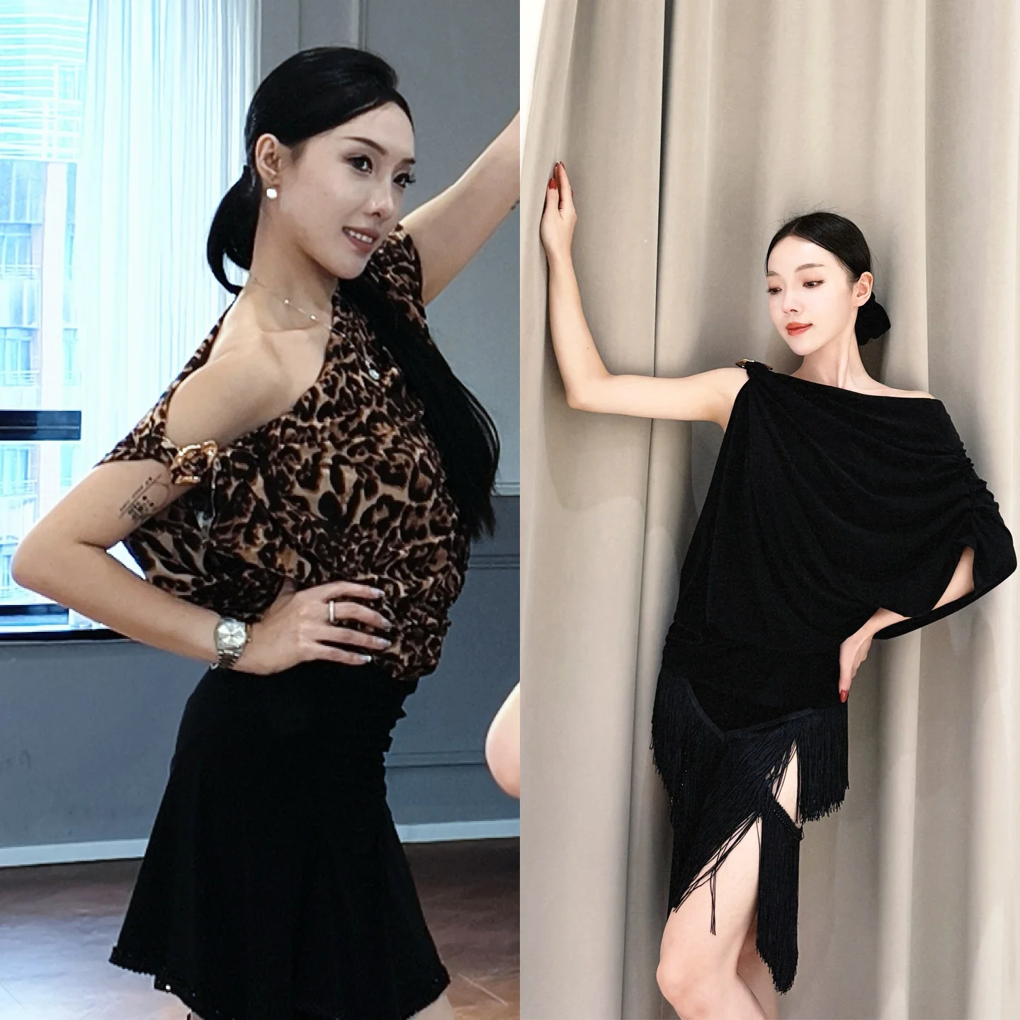 Latin Dance Kleidung Frauen Lose Schräg Schulter Leopard Schwarz Tops Erwachsene Rumba Cha Cha Tanz Kleid Praxis Ausbildung Kleid SS1132