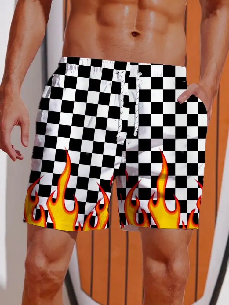 Summer 3D Printed Striped Flame Printing Shorts Men's Board Shorts Swim Trunks Drawstring Breathable Short Hawaiian shorts