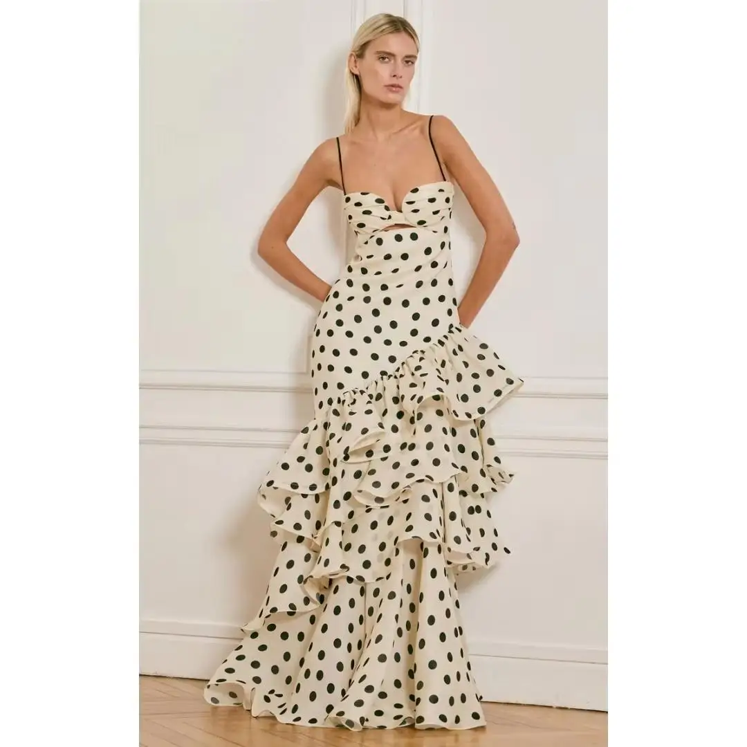 

Polka Dot Spaghetti StrapMerma id Sleeveless Sweetheart Evening Dress Multilayer Ruffles Wedding Party Dress Pleated Customized