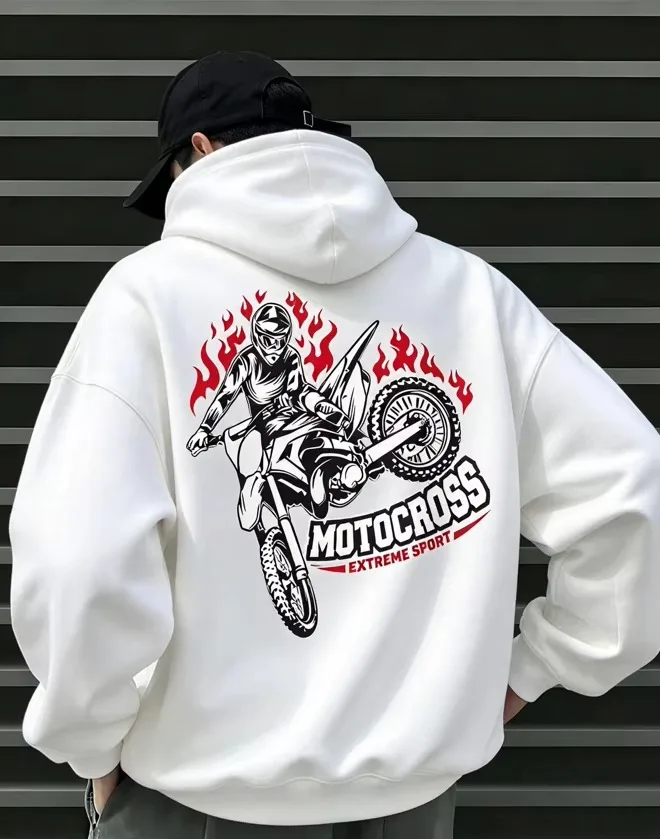 2026 New Oversized Unisex Streetwear Hoodie Motocross Extreme Sport Flame Motorcycle Print Sweatshirt Autumn Winter Pullover