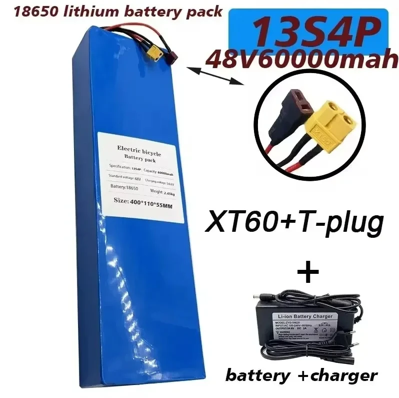 

100% Original 13S4P 60000mAh 48V Lithium-ion Battery Pack, 54.6V Charger, with BMS Suitable for Electric Bicycles and Scooters