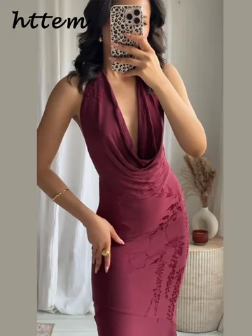 Elegant Jacquard Long Halter Dress Women Vintage Backless Sleeveless Lace Up Female Party Dresses 2025 Summer Lady Vacation Robe