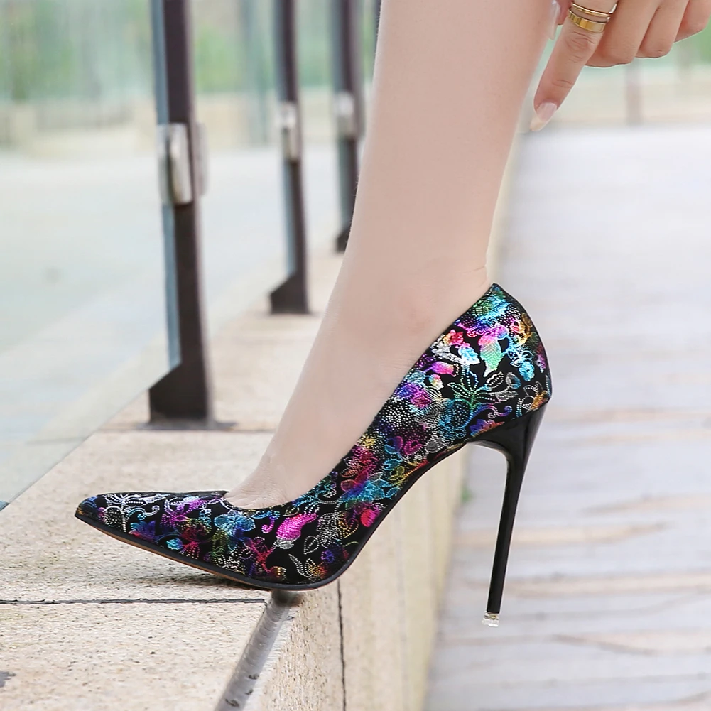 

Chic Designer Women Sexy Bling Shiny Flower Print Pumps Stilettos 11cm High Heels Pointed Toe Party Shallow Shoes Size44 45 46