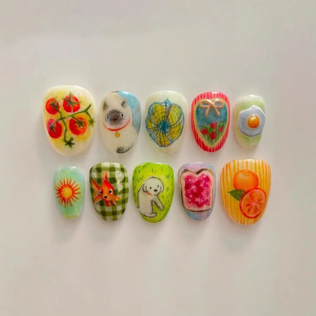 

24Pcs Fake Nail Set Rhinestone Fruit Animal Almond-Shaped Short Nails Press-On Nail Tips Perfect Gift for Girls and Friends