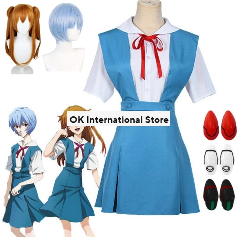 Rei Ayanami Role-playing Costume Asuka Langley Soryu School Uniform Shirt Dress Girl Wig Hairpin Halloween Lolly Costume