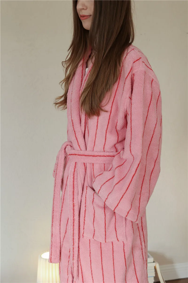 2026 New Classic Retro Color Block Stripe Bathrobe, Pure Combed Cotton Adult Couple Robe