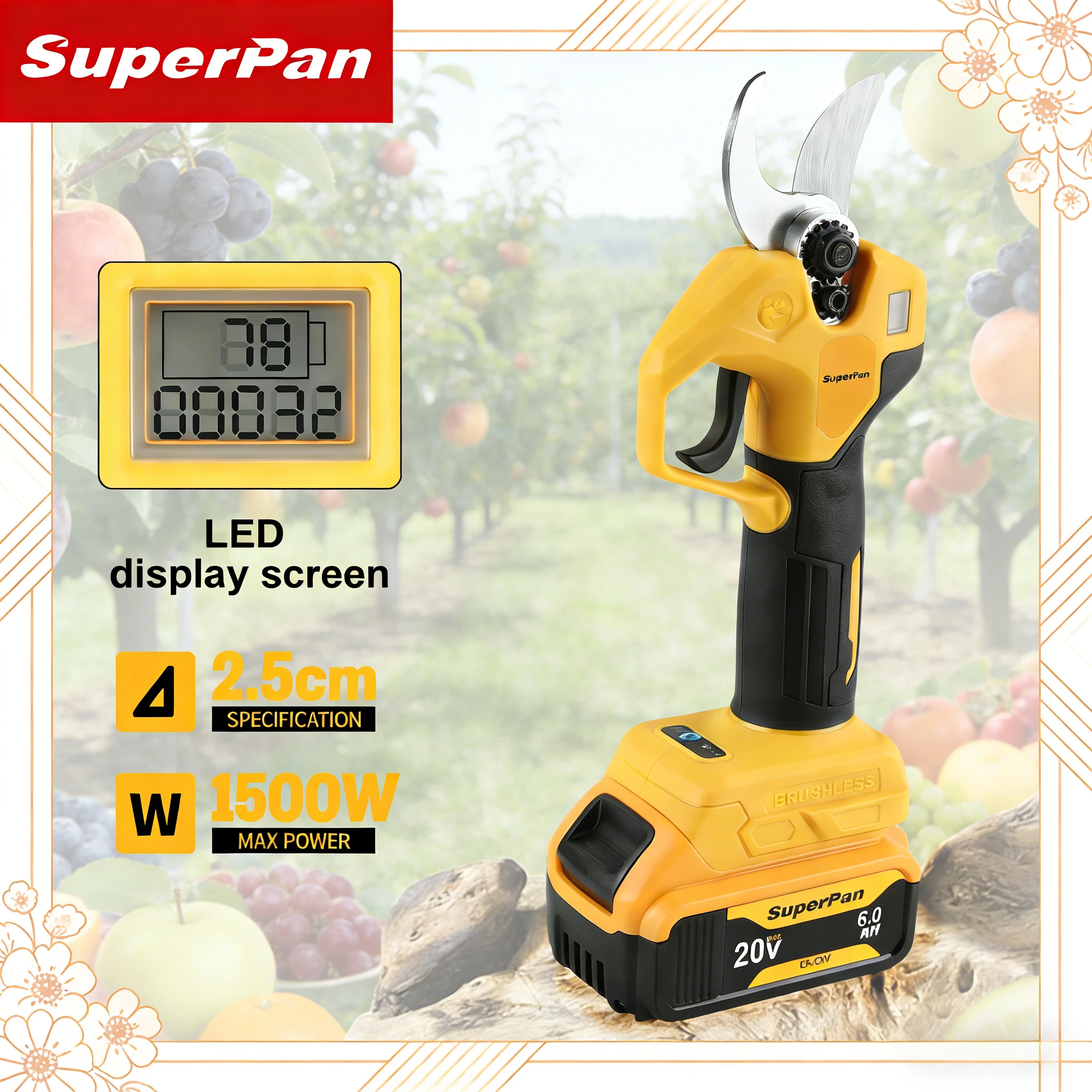 

Электрические секаторы SuperPan с бесщеточным двигателем, 120 ударов/мин, для обрезки сада и огорода, совместимы с аккумулятором DeWalt 20В.