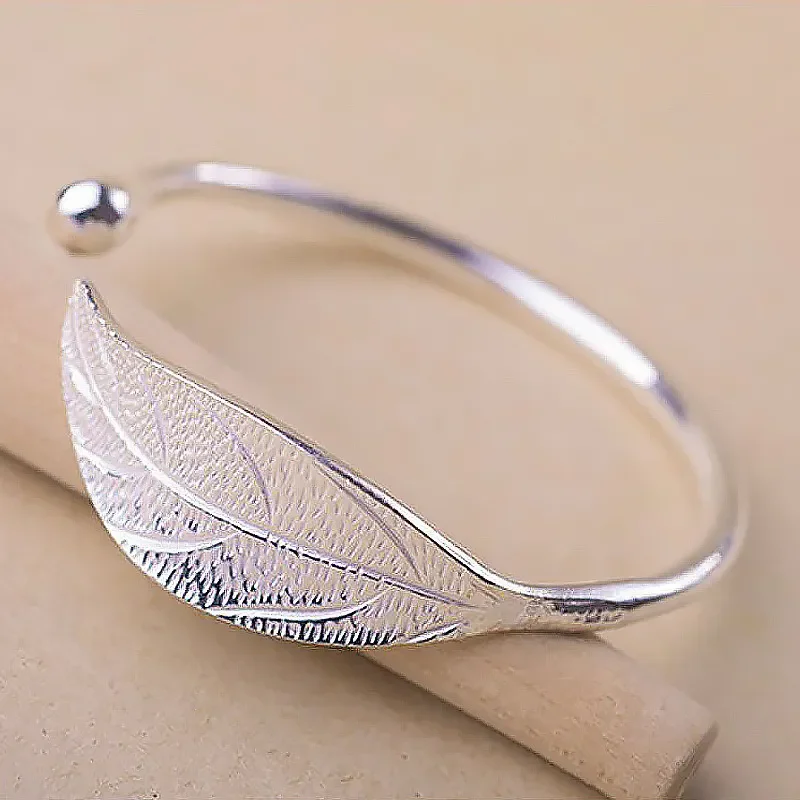 SAIYE 925 Sterling Silver Woman Cuff Bracelet Open Leaf Shaped Adjustable Charm Bangle Girls Party Jewelry Christmas Gifts