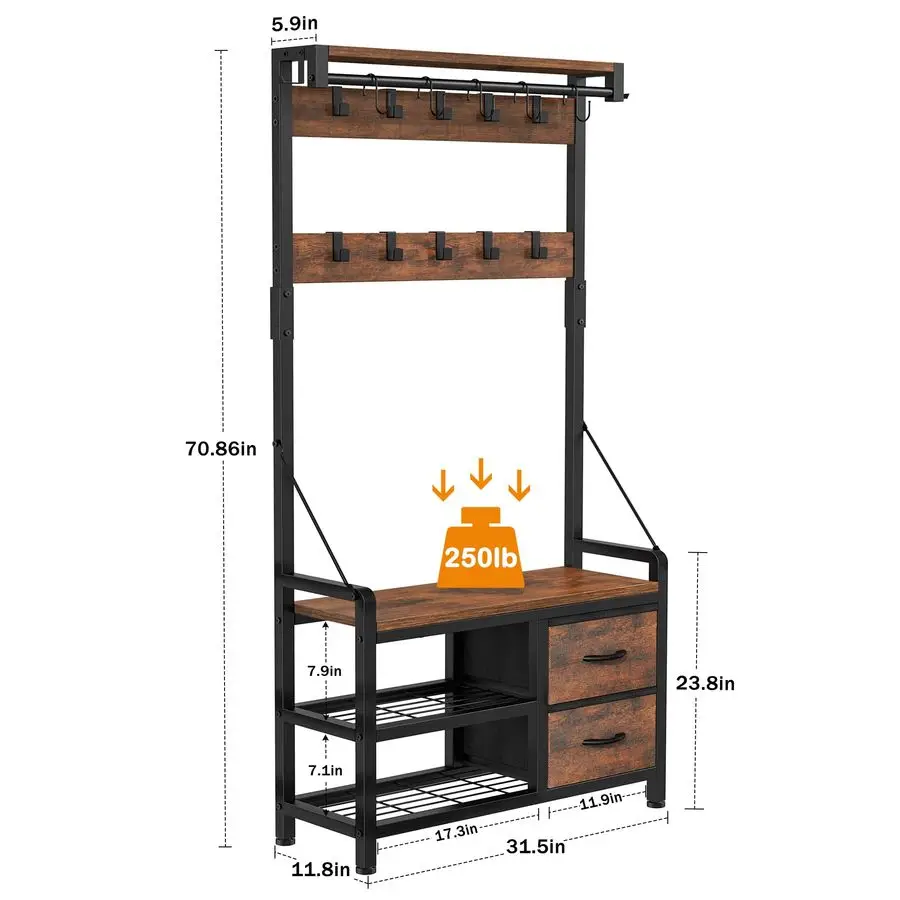 Hall Tree, 31.5 Entryway Bench with Coat Rack freestanding, 5 in 1 Intelligent Design Shoe Bench and Wall Rack 17 Hooks and Draw