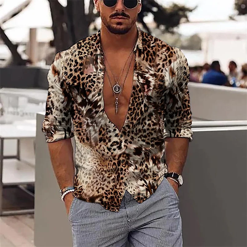 Fashion Leopard Men\'s Shirt Tops Sapphire Purple Gray Casual Outdoor Spring Summer High Quality Material Plus Size