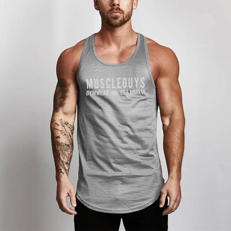 Workout Casual Singlets Sleeveless  Bodybuilding Fashion Mesh Mens Tank Top Fitness Brand Gym Tanktops Vest Stringer Undershirt
