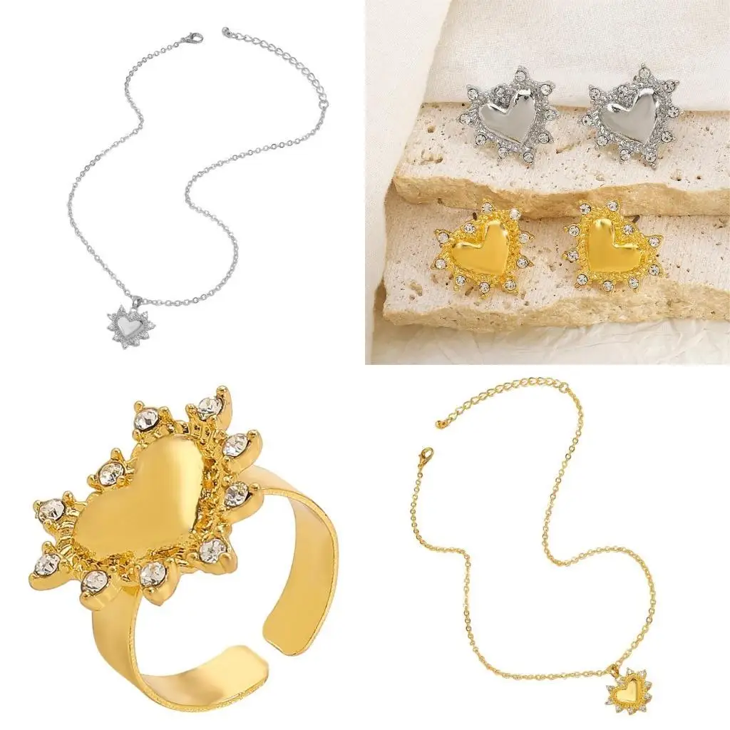 

A52E Elegant Heart Crystals Jewelry Set Portable for Parties Supplies and Event