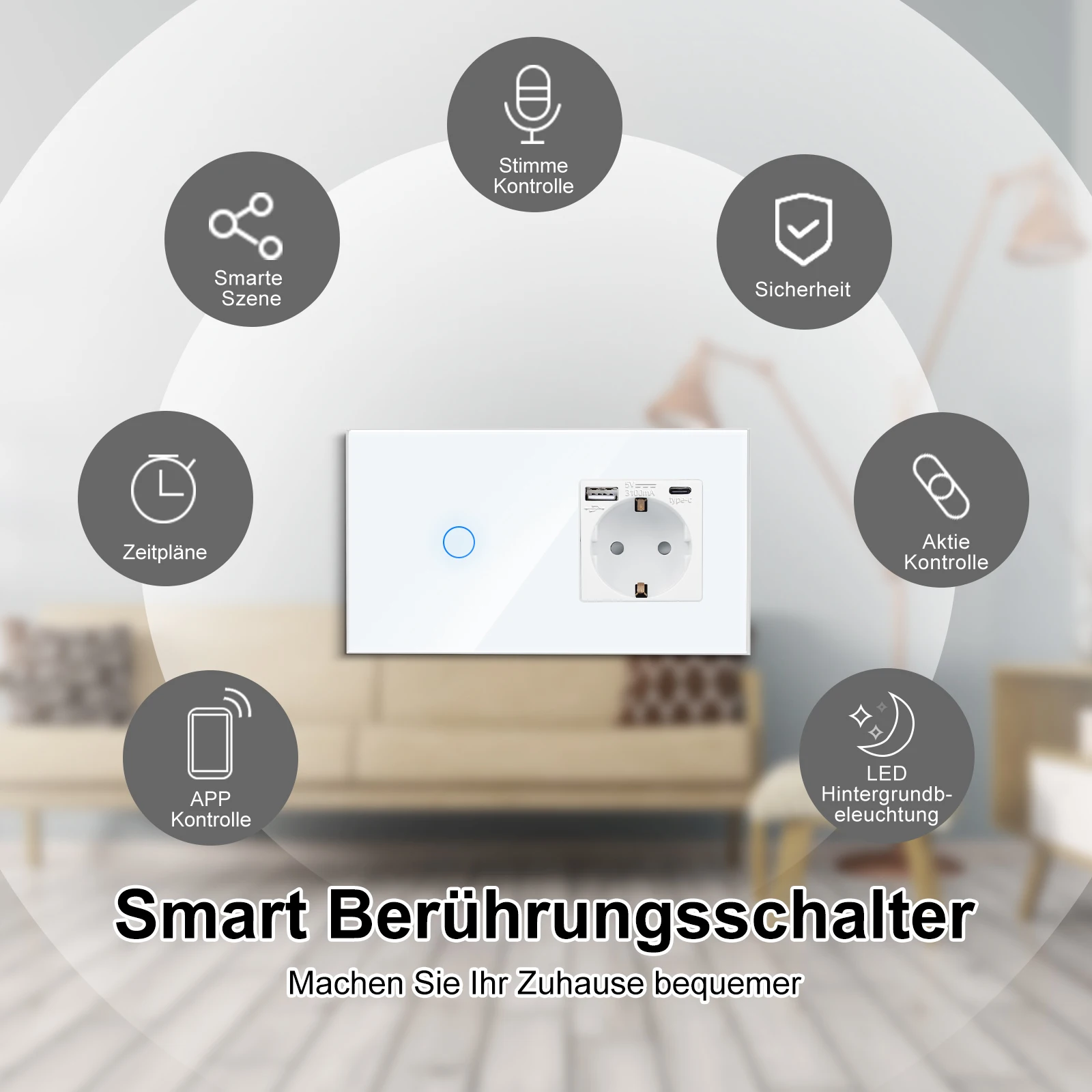 TOUCHMI Tuya Smart Stair Switches Interruptor 2way and WiFi Socket White Crystal Glass Panel Wall Sockets with USB Type-C