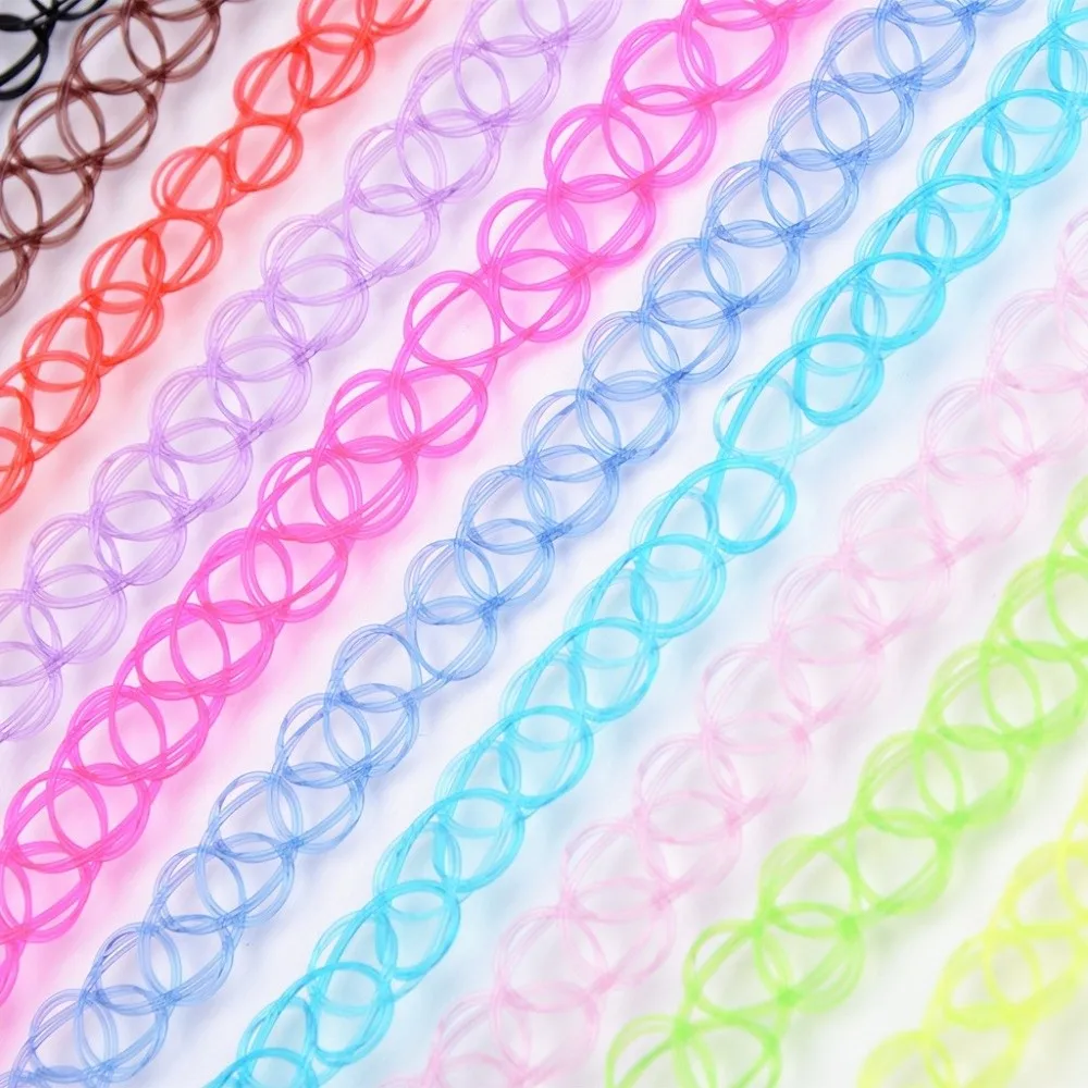 12Pcs/Set Colorful Fishline Necklaces Set Elastic Braided Black Fish Thread Choker Necklace Punk Style Short Clavicle Chain