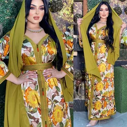 Southeast Asia Middle East Long Print Belt Dress Ladies Jalabiya Muslim Women's Dress De Moda Musulmana Abayas for Women