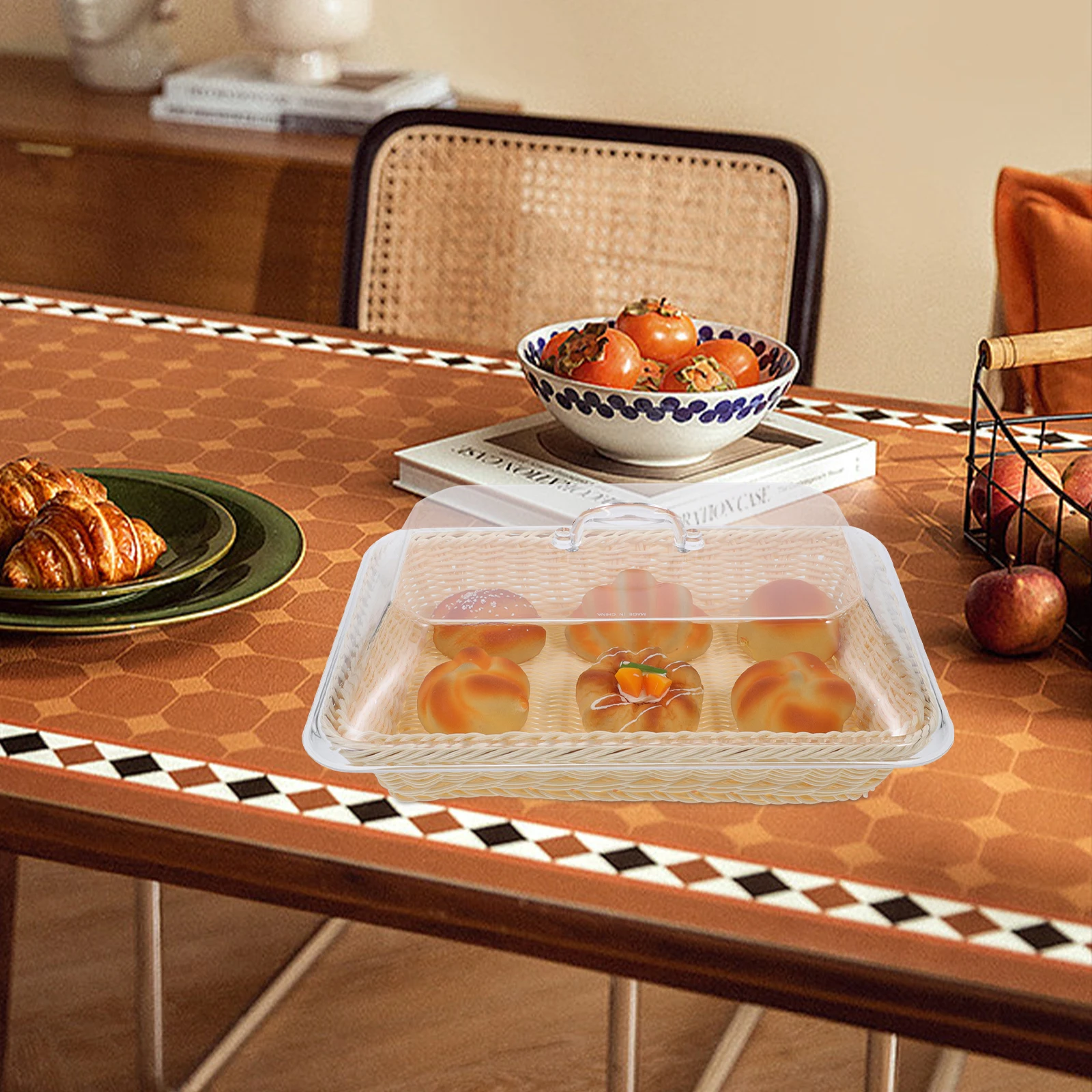 

Plastic Bread Serving Basket Rectangular Woven Lid for Kitchen Household Bread Basket Counter Food Cover Storage