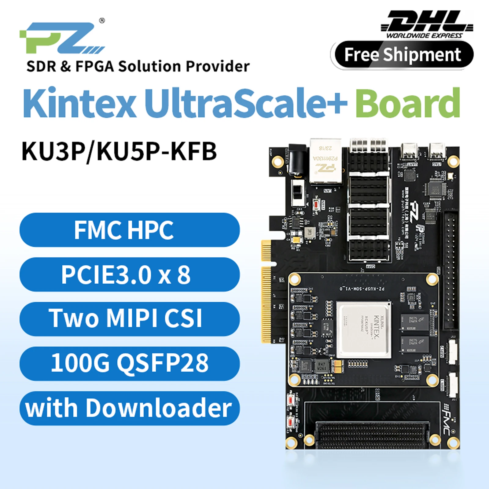 

Puzhi PZ-KU3P-KFB PZ-KU5P-KFB FPGA Development Board Xilinx Kintex Ultrascale+ KU3P KU5P FMC MIPI PCIE3.0 MIPI CSI QSFP28