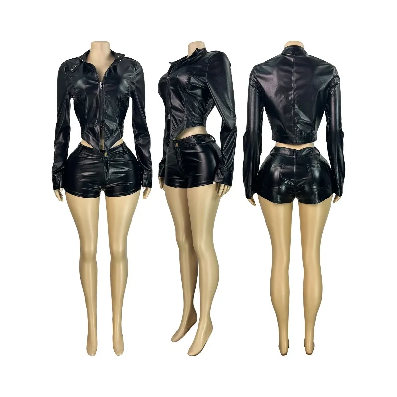 PUレザー レディース ツーピースセット ジップフライ クロップジャケット スキニーショーツ マッチングセット 2025 秋冬新作 ストリートウェア セクシーな服装