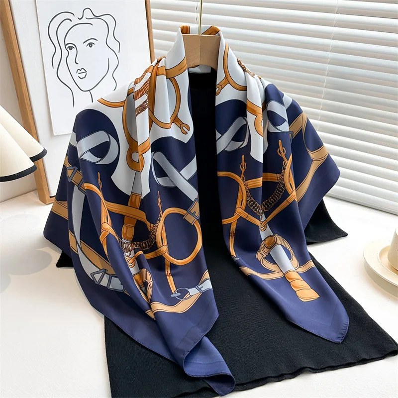 Luxury Brand Square Silk Scarf Women Vintage Satin Scarf Neck Hair Band Soft Work Hairband Ribbon Foulard Headband 90X90cm Shawl