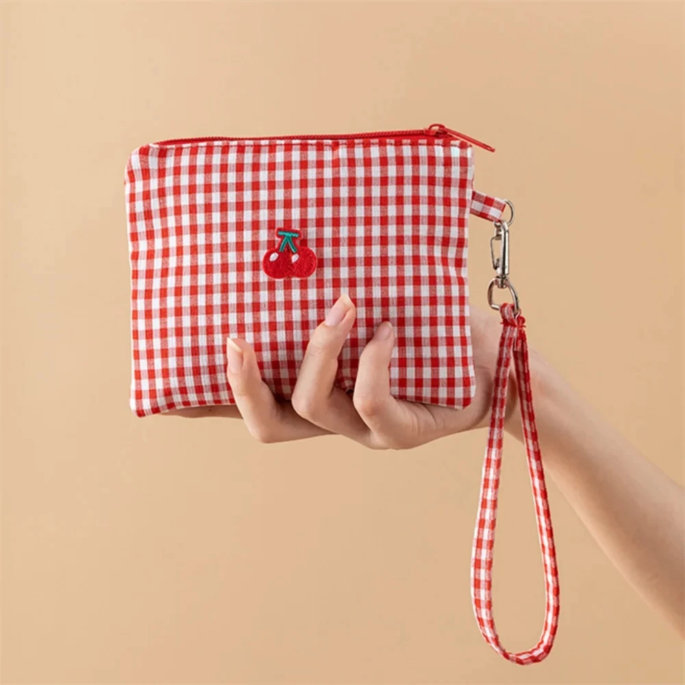 1pc Embroidered Cherry Canvas Makeup Bag Red Grid Girl Travel Cosmetics Storage Bag Makeup Pouch Zipper Travel Toiletry Handbag