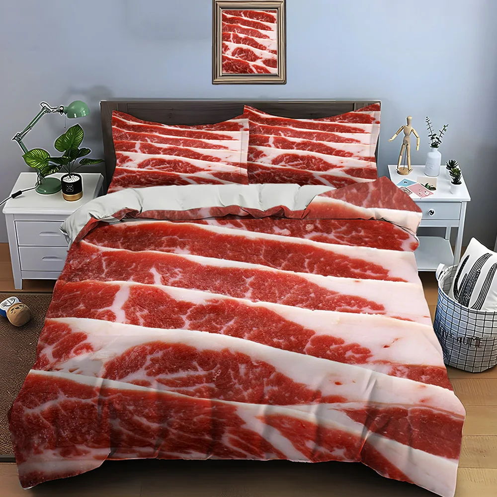 Hd carne bacon comida impressão conjunto de cama capa edredão 1 capa edredão 2 fronhas adulto e crianças conjunto luxo para presentes