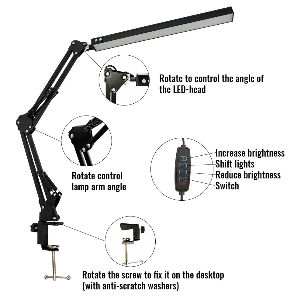 LED Desk Lamp With Clamp 10W Adjustable Swing Arm 3 Lighting Modes 10 Brightness Levels Eye-Caring For Office/Study/Reading