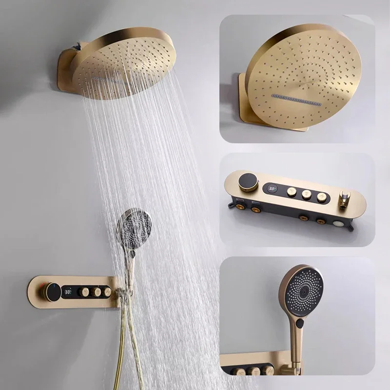 

VGX Digital Shower System Concealed Shower Set Temperature Display Waterfall Shower System Rainlfall Bathroom Showers Brass Gold