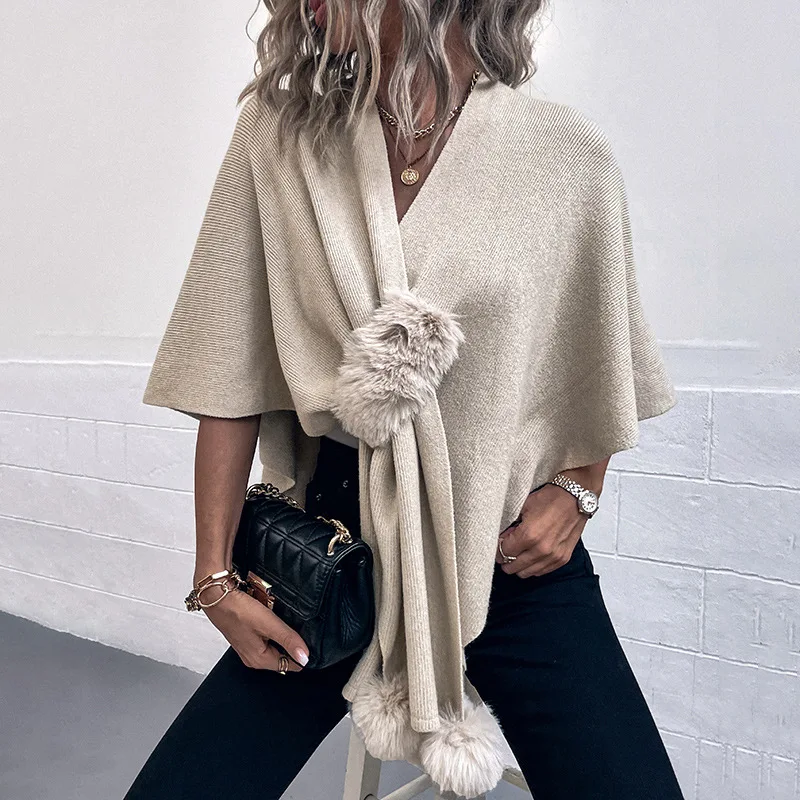 Solid Color Hairball Cape Sweater Women's 2025 Autumn and Winter New European and American Women's Shawl Knitted Cardigan