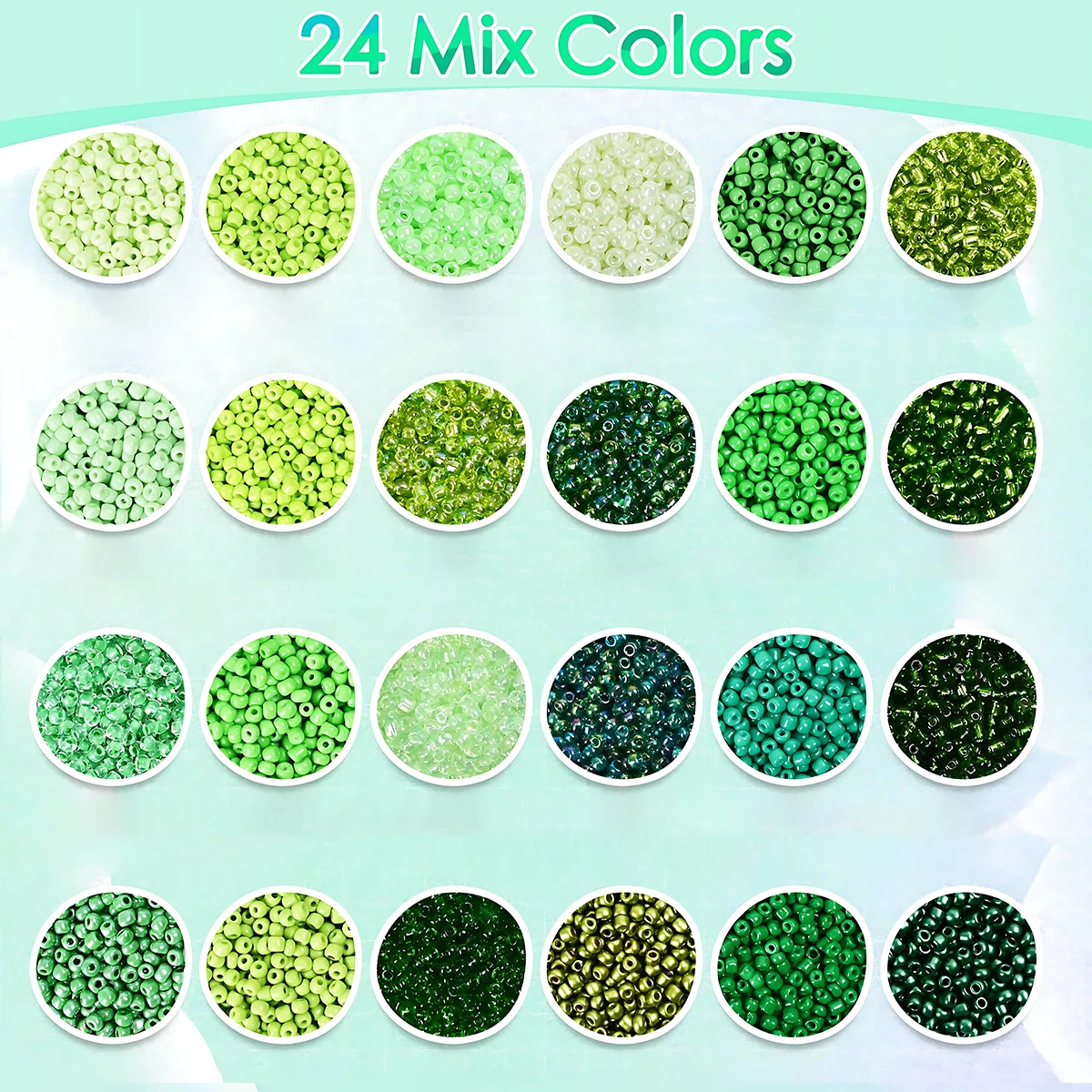 5760PCS 3mm Mixed Color Glass Seed Beads for Bracelet Making 24 Colors Jewelry Crafting Kit Green