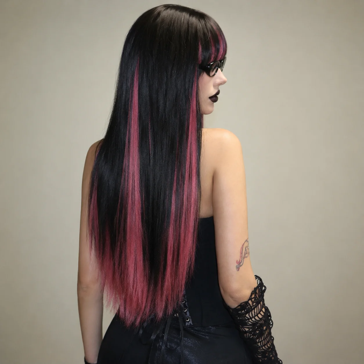 Easihair Black with Red Pink Highlight Long Straight Wig With Bangs Heat Resistant Synthetic Hair Gothic Halloween Cosplay Wigs