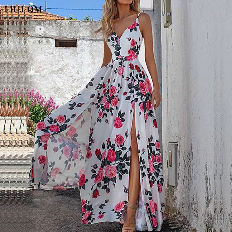 

Summer Women Spaghetti Sling Dress V Neck Sleeveless Print Bohemia Dresses Sexy Long Print Floral Maxi Dress Backless Large Hem