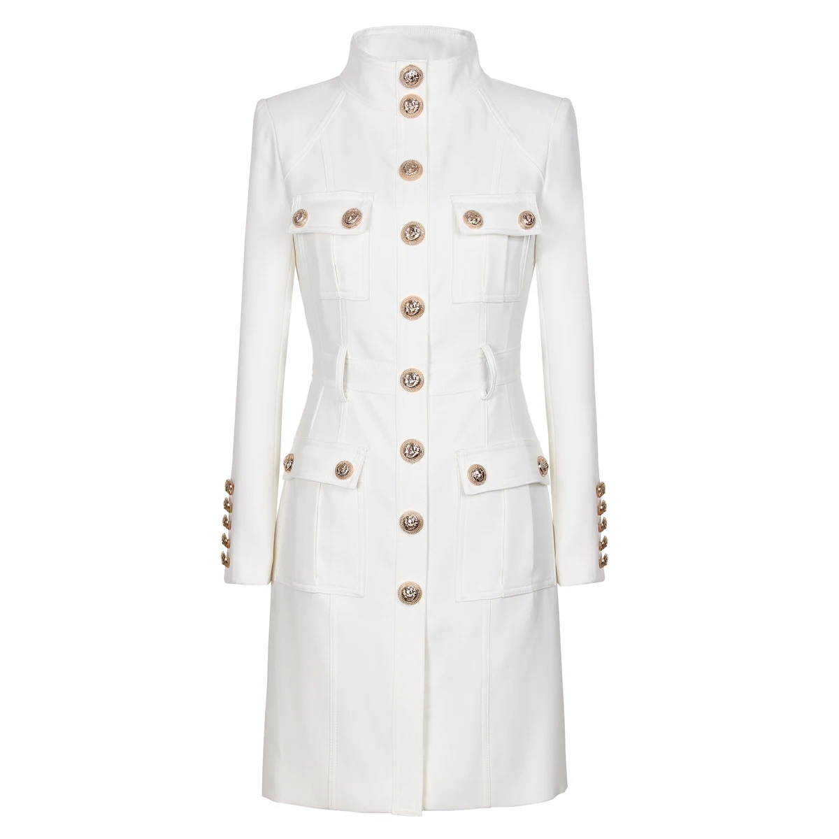 2026 Classic Black White High Neck Long Sleeve Slim Dress Jacket with Studded Lion Head Buttons Versatile Women's Top