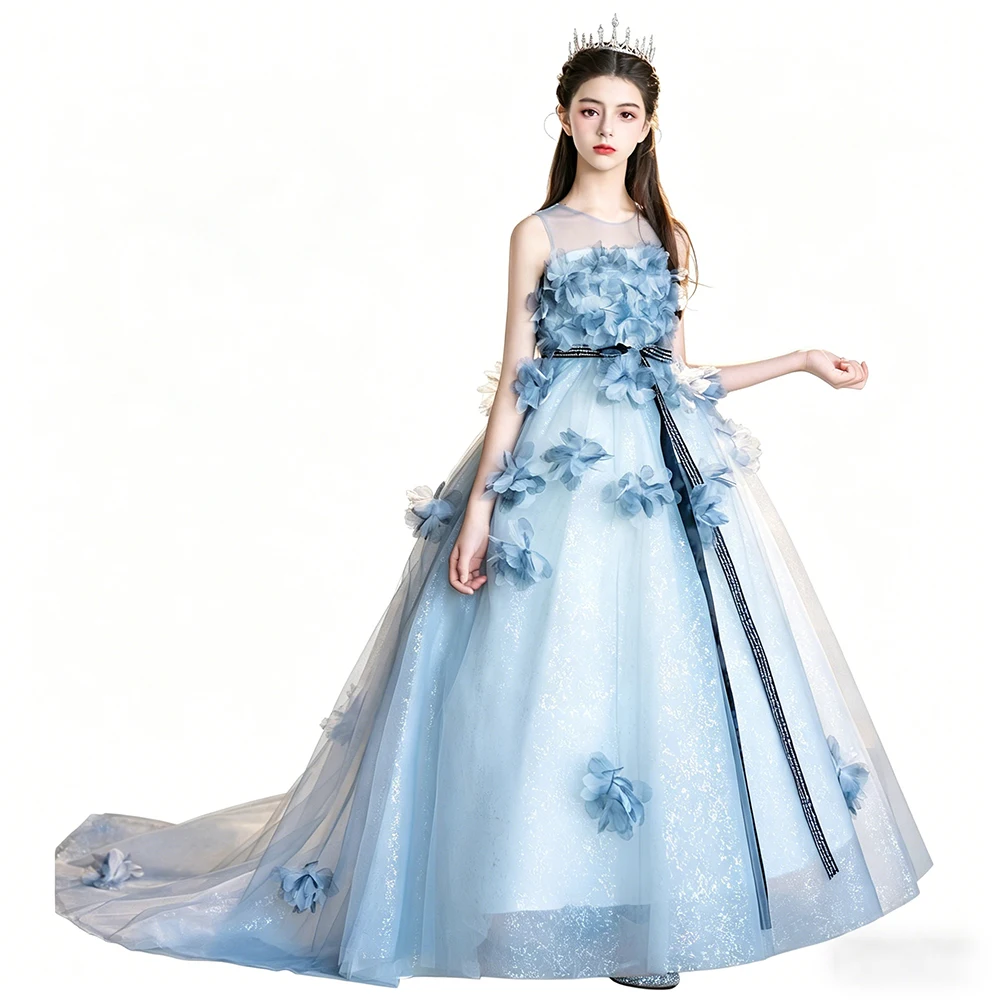 Luxury Princess Sleeveless Appliques Shiny Tulle Model Show And Pageant Long Train Dress For Girls Kids Wedding Party Dresses