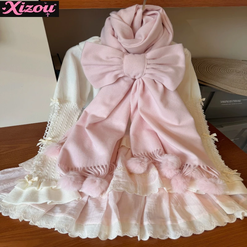 Japanese Sweet and Cute Lolita Cherry Blossom Powder Bow Scarf Hand-free Bow Autumn and Winter Warm Scarf  for Women
