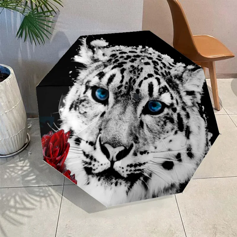 Snow Leopard Black Panther Folding Umbrella Auto-Open Design 8 Iron Ribs Plastic Handle Foldable Sunshade Perfect Christmas Gift