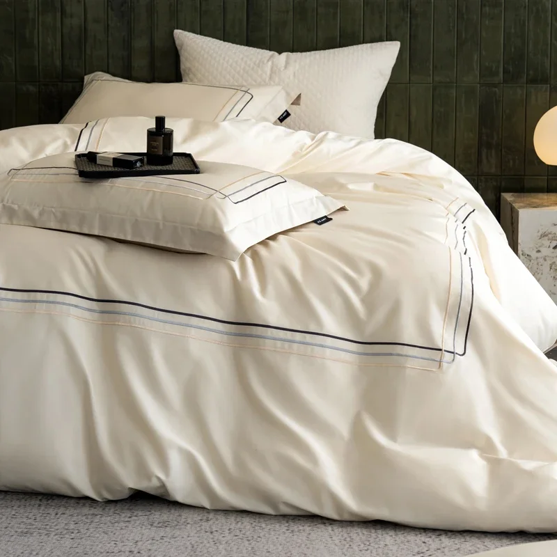 60S Long-Staple Cotton Luxury Embroidery Hotel Style Bedding Set Queen King Size Duvet Cover Flat/Fitted Sheet Pillowcases 4Pcs