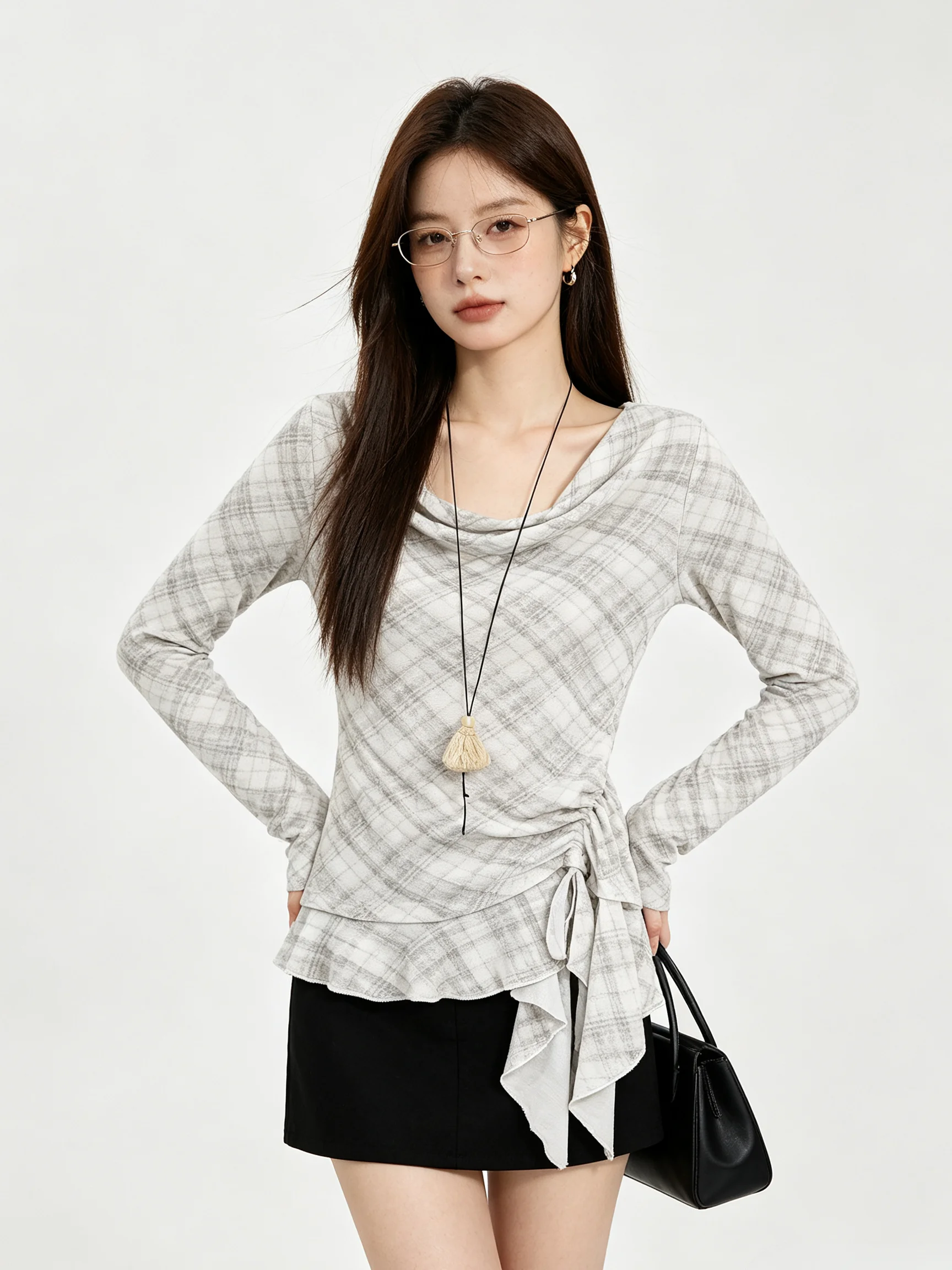 Chic Long Sleeve T-Shirt with Gingham Design And Pleated Slimming Effect Early Autumn Bellflower  Tunic for Women