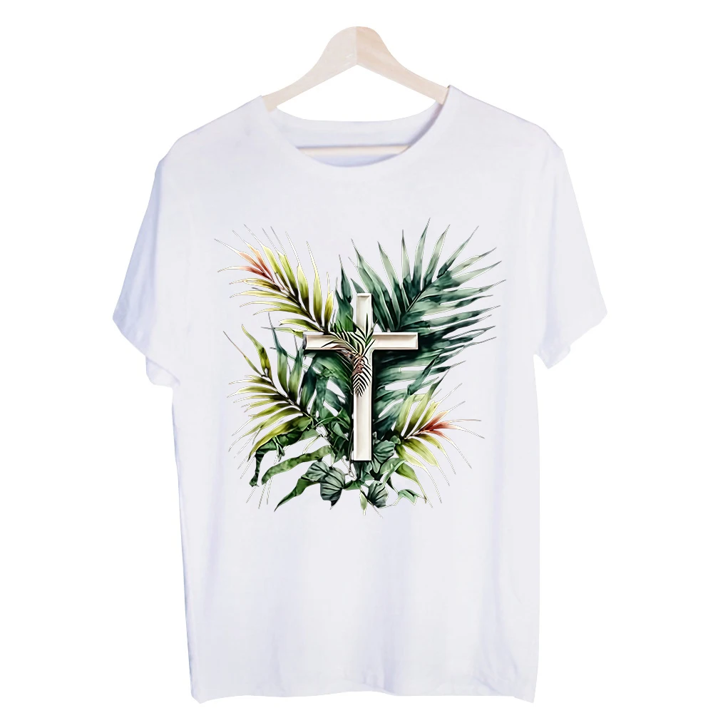 Men's Cross with Tropical Leaves Graphic Tee, Short Sleeve Crew Neck T-Shirt for Summer Casual Wear and Vacation Outfits