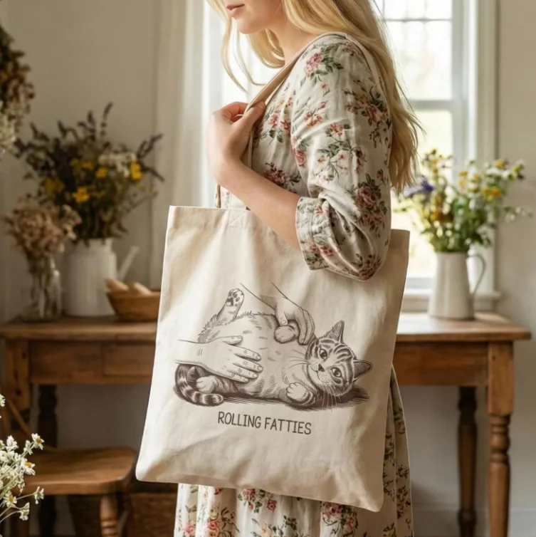 Cute Cat Belly Rub Tote Bag Unique Cat Lover Gift Boho Aesthetic Canvas Tote Bag for Cat Enthusiasts Shopping Handbag Minimalist